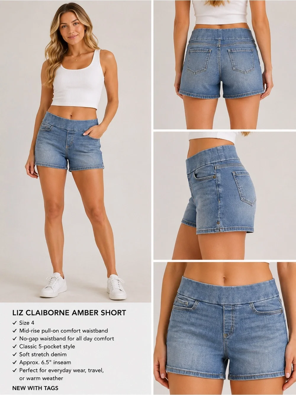 NWT Liz Claiborne Amber Denim Shorts Size 4 Mid Rise Pull On Stretch 6.5”